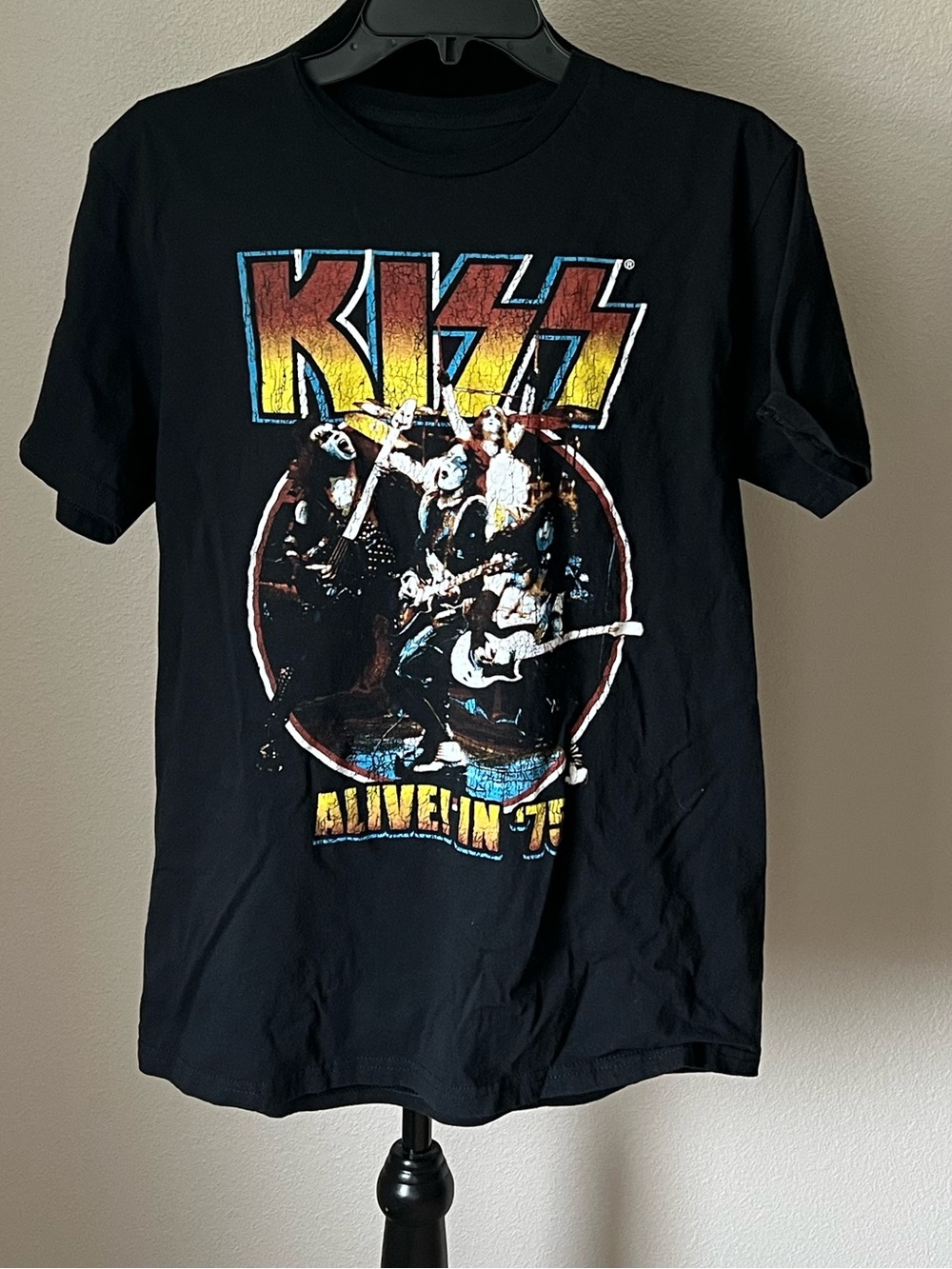 Kiss Black Tee Alive In ‘75 with Yellow, Blue & Red Gradient Logo and Band Photo